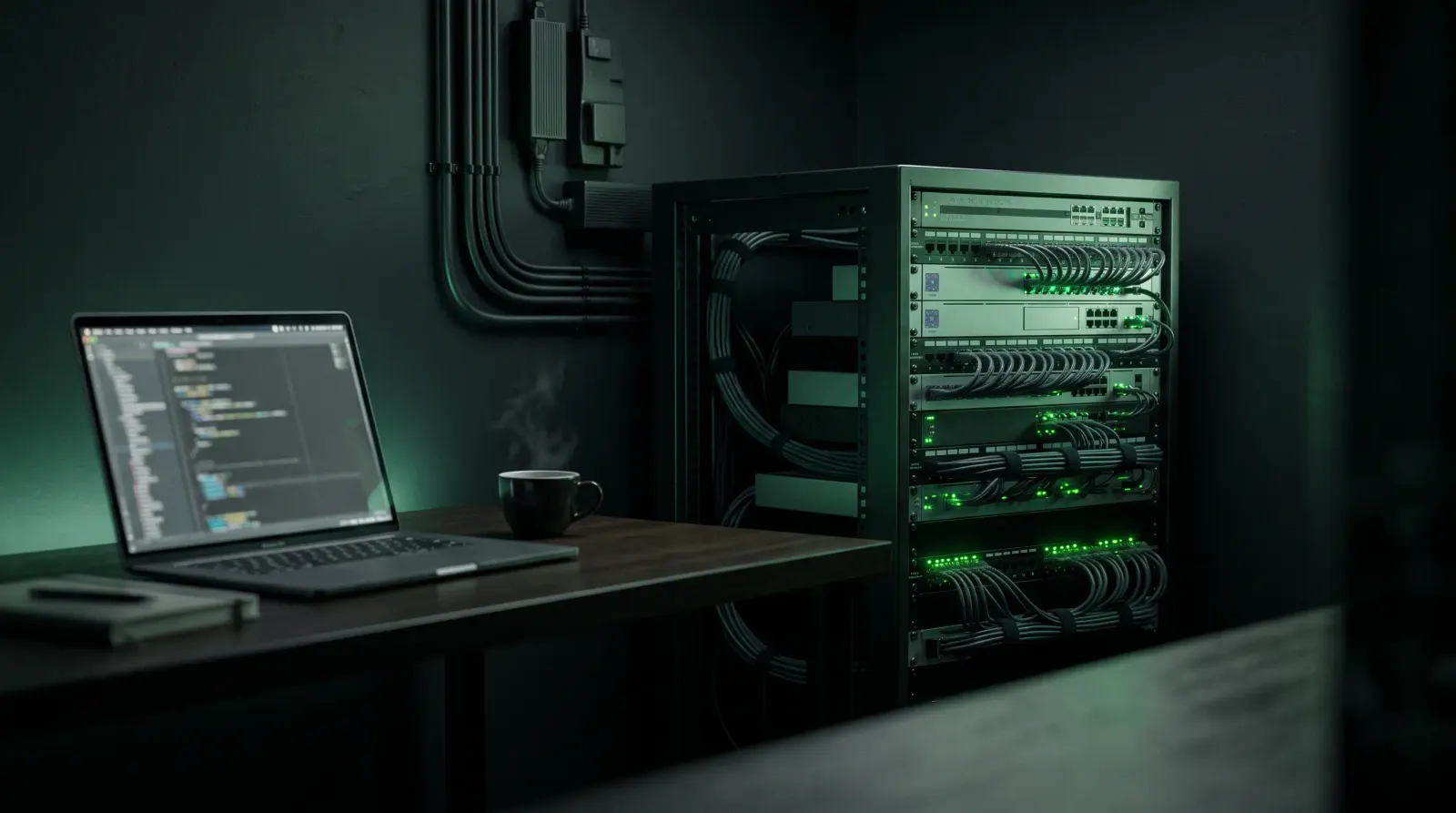 Netzwerkschrank und Laptop in einem aufgeräumten Büro, KI-generiertes Illustrationsbild