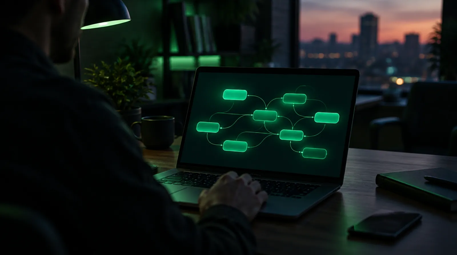 Laptop mit leuchtendem Ablaufdiagramm in einem dunklen Büro, KI-generiertes Illustrationsbild
