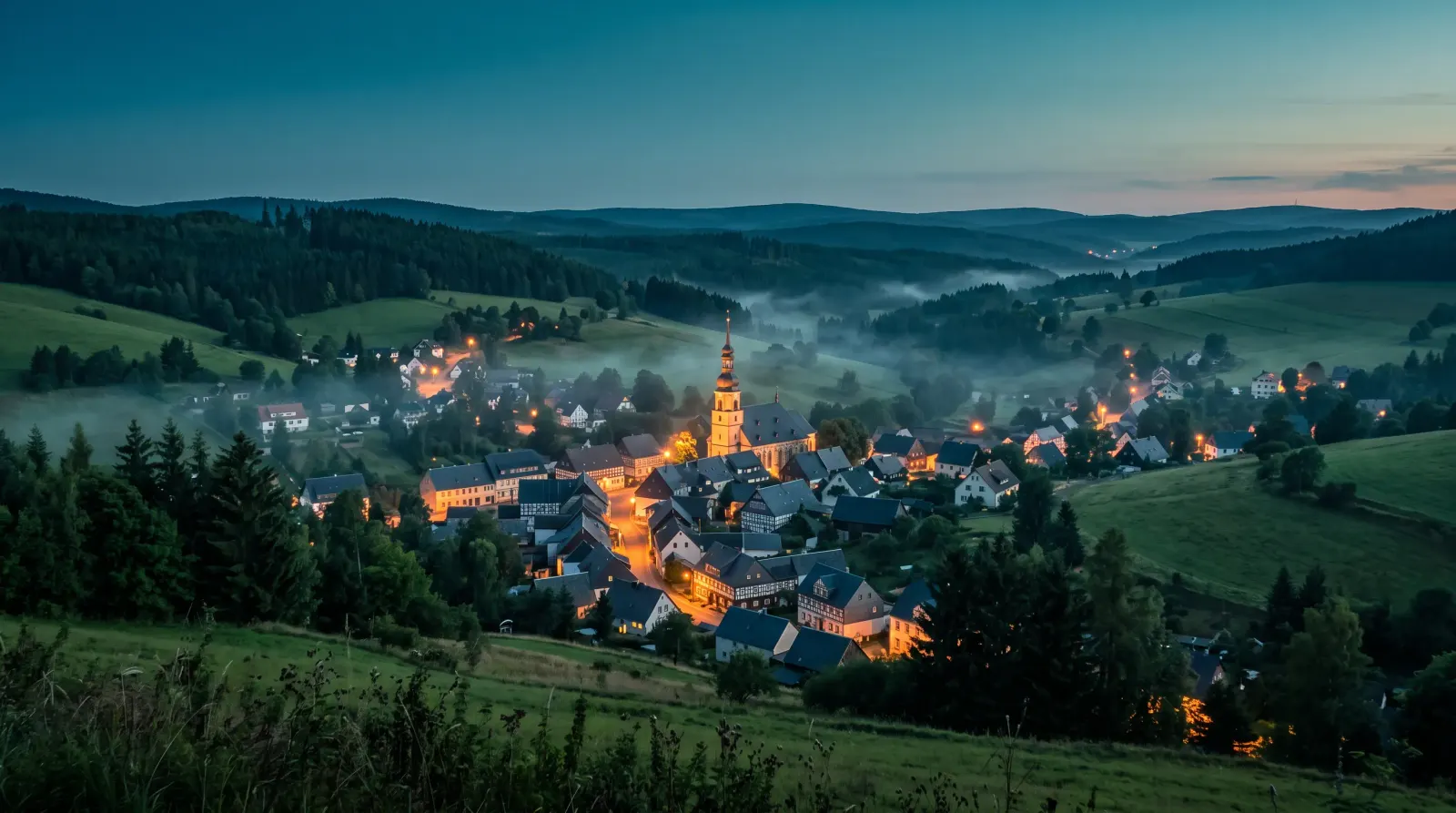 Erzgebirgsdorf in der blauen Stunde, KI-generiertes Illustrationsbild