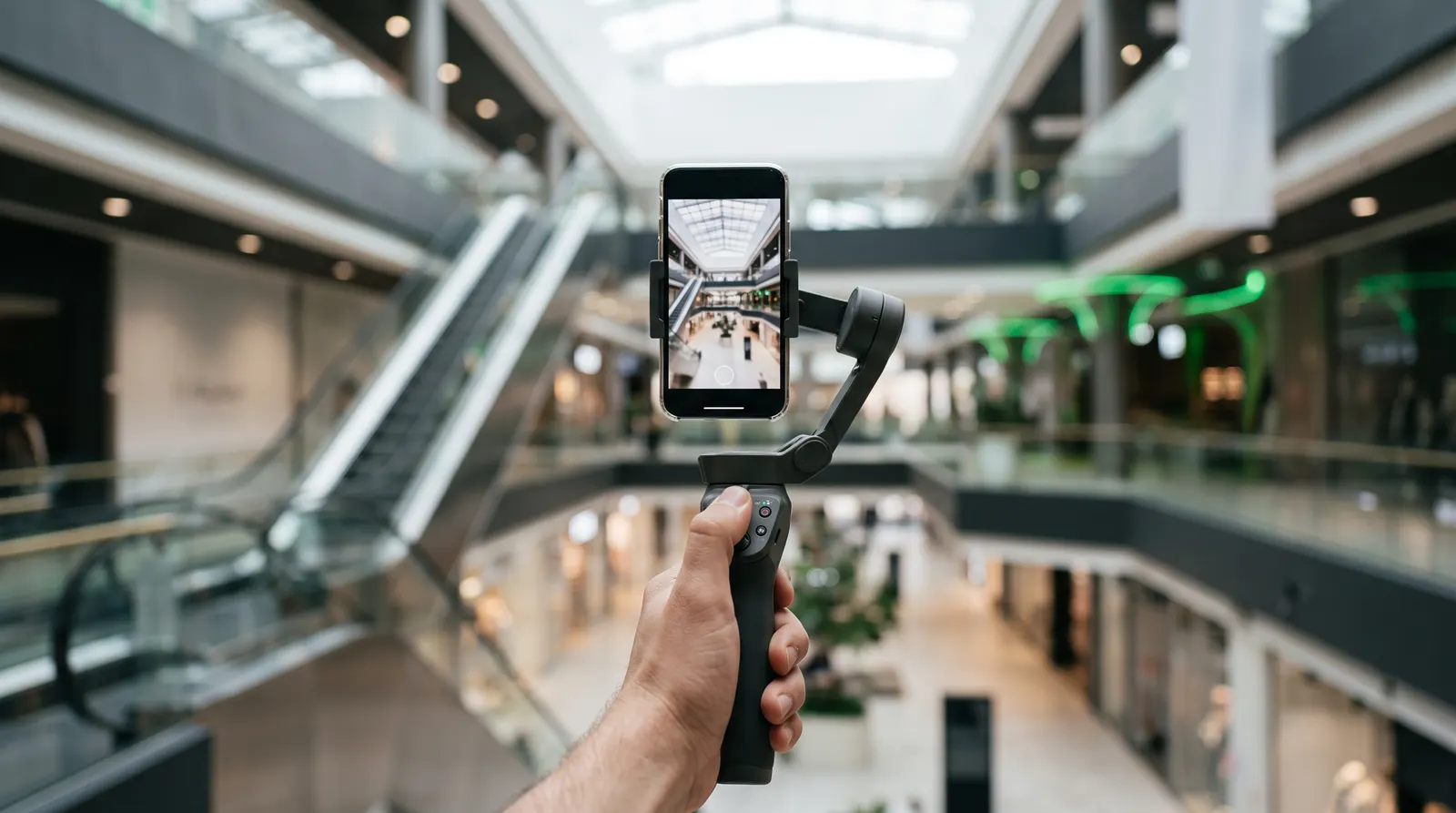 Smartphone mit Gimbal beim Videodreh in einem Einkaufscenter, KI-generiertes Illustrationsbild