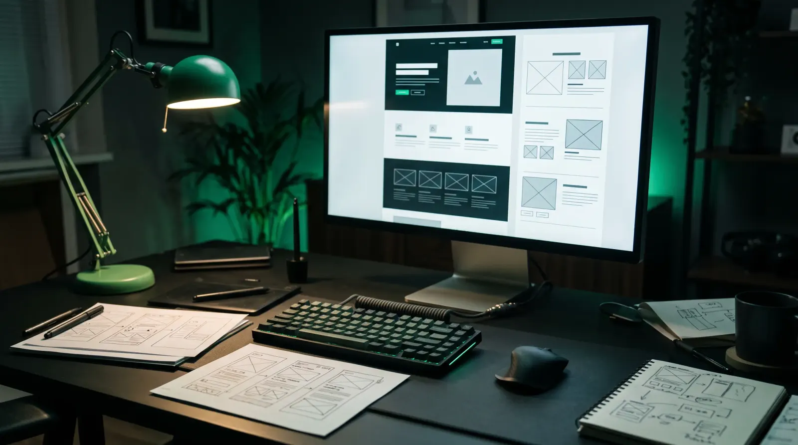 Gestalterischer Arbeitsplatz mit Website-Entwürfen, KI-generiertes Illustrationsbild
