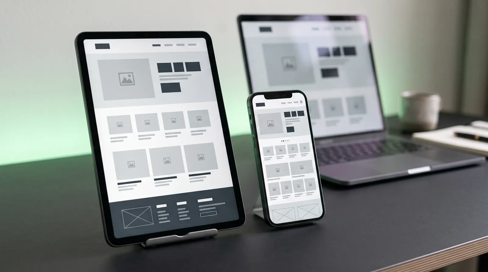 Tablet, Smartphone und Laptop zeigen dasselbe moderne Website-Design, KI-generiertes Illustrationsbild