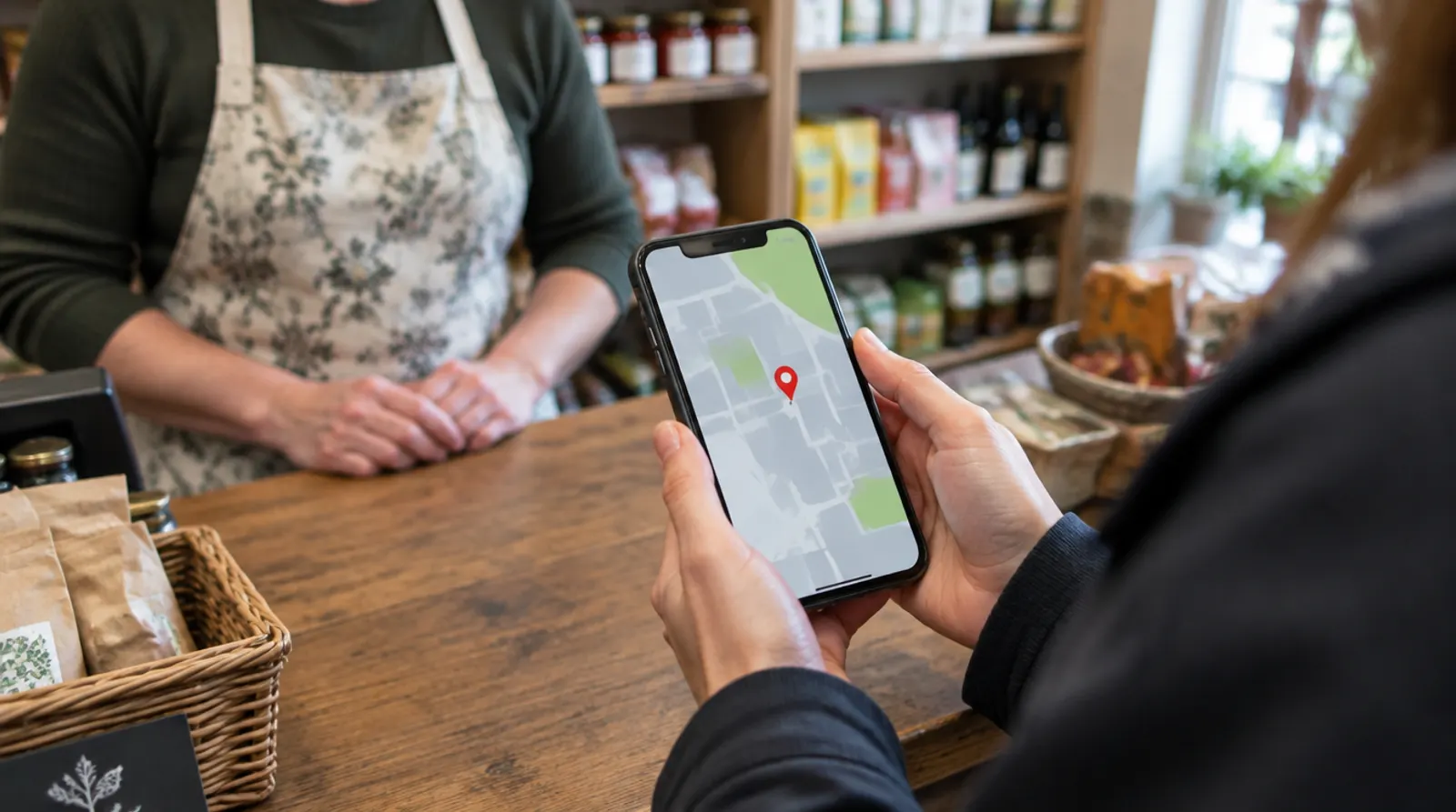Hände halten ein Smartphone mit Kartenansicht am Tresen eines kleinen Ladens, KI-generiertes Illustrationsbild