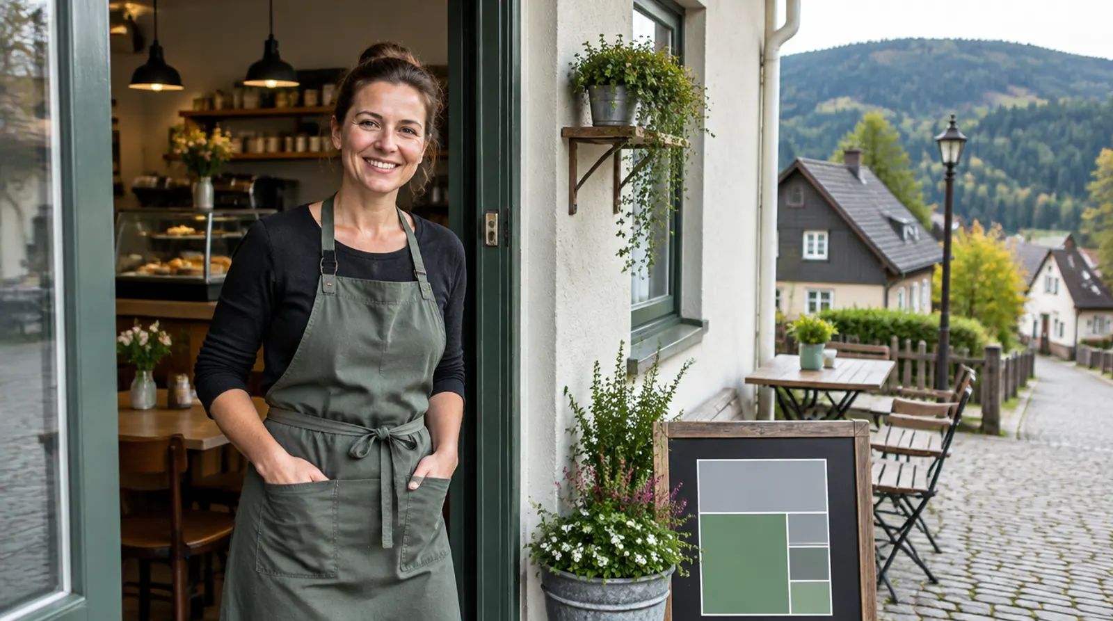 Café-Inhaberin steht in der Tür ihres Cafés in einem Ort im Erzgebirge, KI-generiertes Illustrationsbild