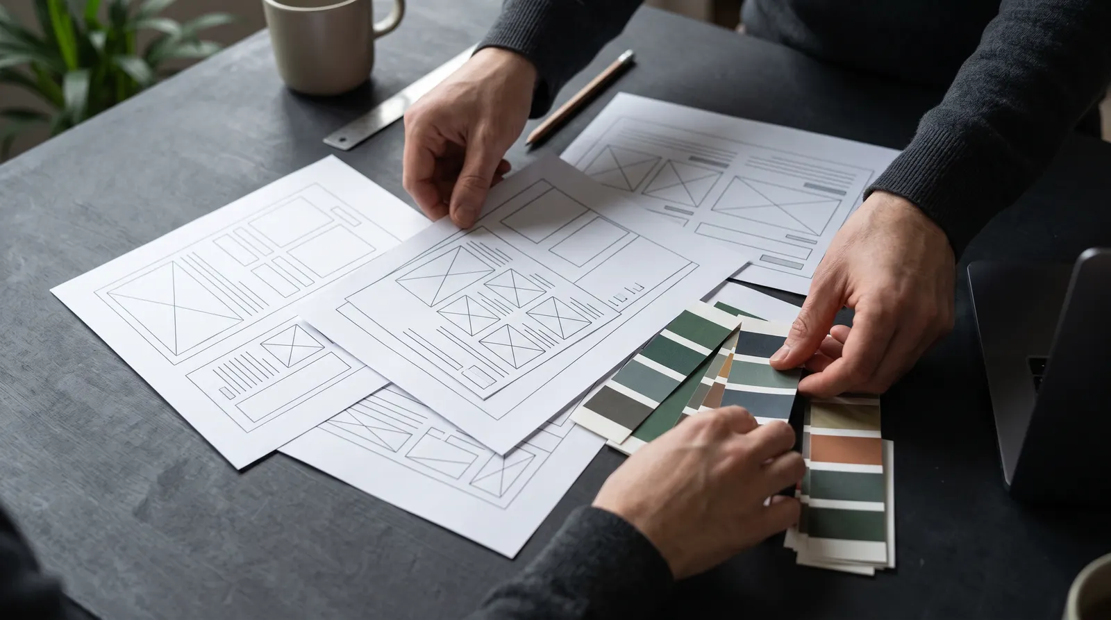 Hände ordnen gedruckte Wireframes und Farbmuster für einen Website-Relaunch, KI-generiertes Illustrationsbild
