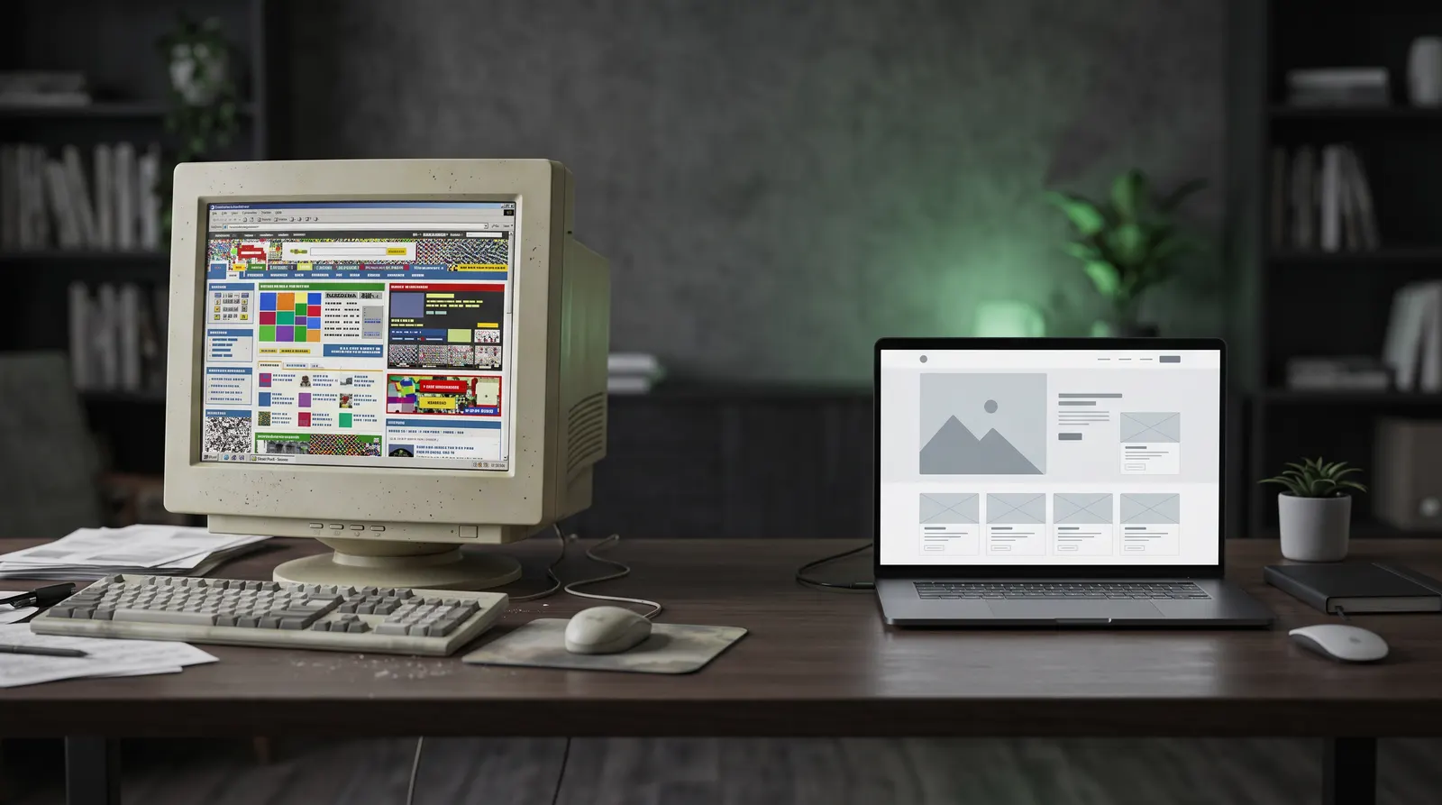 Ein alter Röhrenmonitor mit überladener Seite neben einem modernen Laptop mit klarem Webdesign, KI-generiertes Illustrationsbild