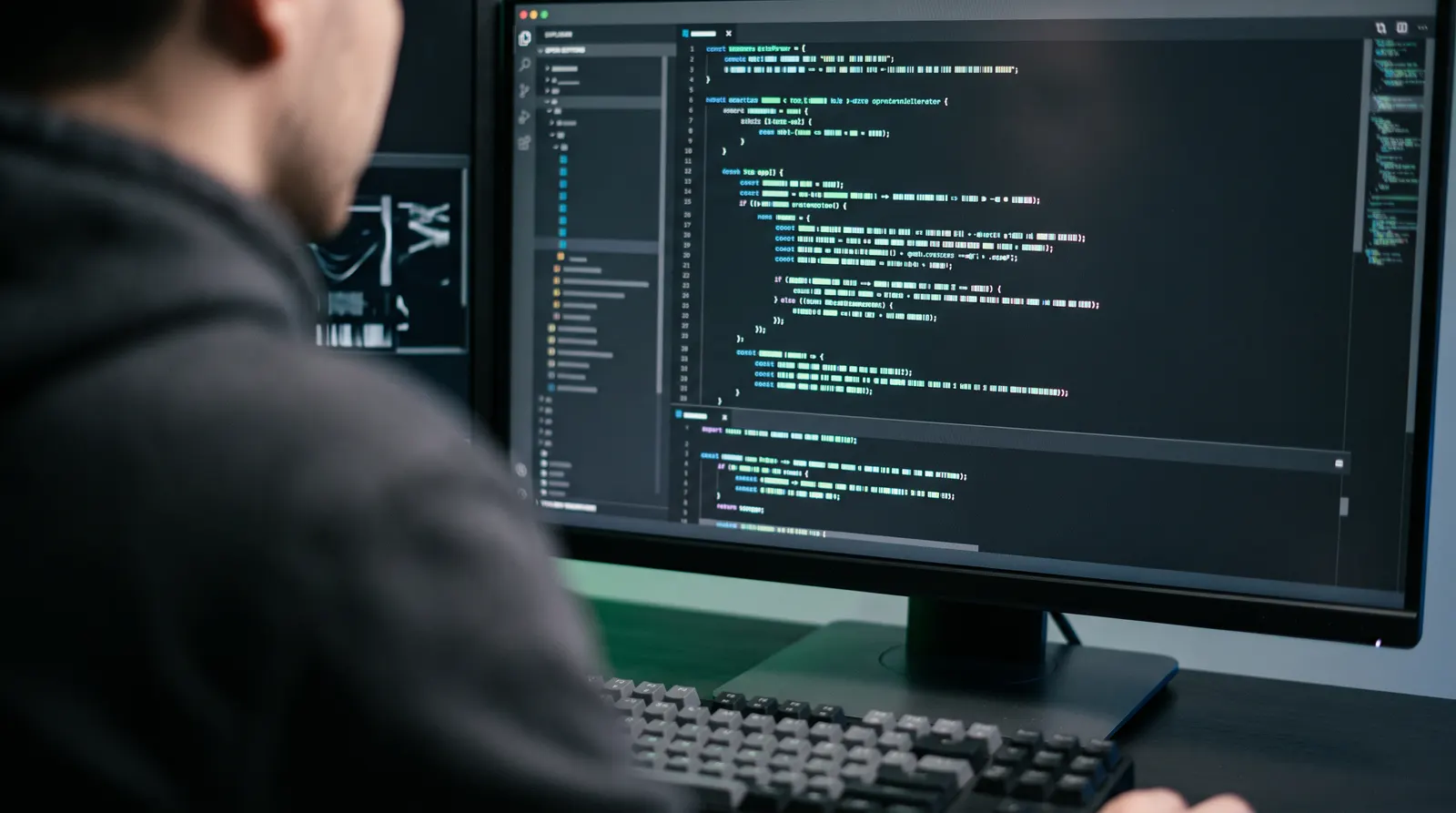 Über die Schulter geschaut: Monitor mit Code in einem dunklen Editor, KI-generiertes Illustrationsbild
