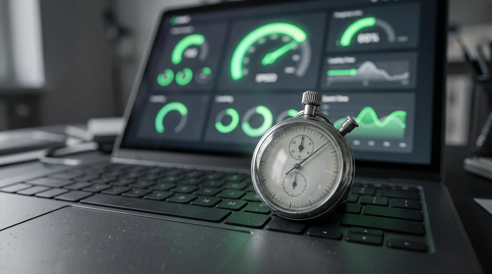 Eine Stoppuhr auf einer Laptop-Tastatur symbolisiert schnelle Ladezeiten, KI-generiertes Illustrationsbild