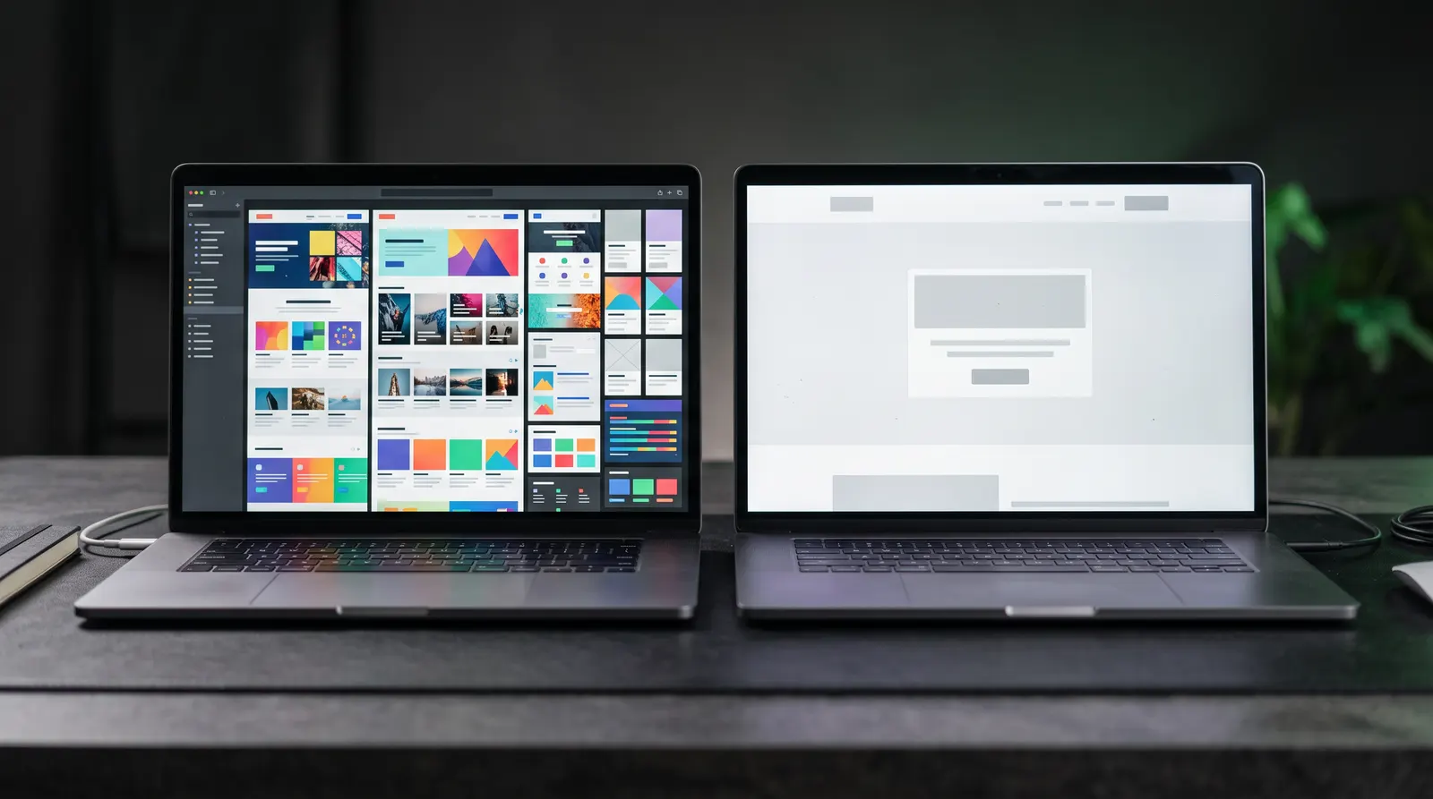 Zwei Laptops nebeneinander, links eine bunte flexible Website, rechts eine schlanke statische Seite, KI-generiertes Illustrationsbild